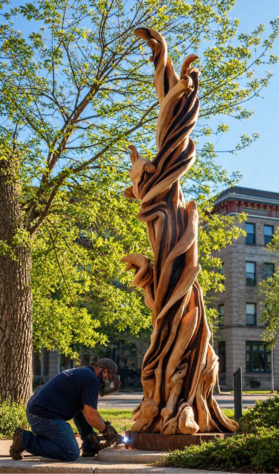 A tall, twisted juniper wooden sculpture stands outdoors on a pedestal, with a person kneeling beside it and working on the base. located at Acacia Park in Colorado Springs.