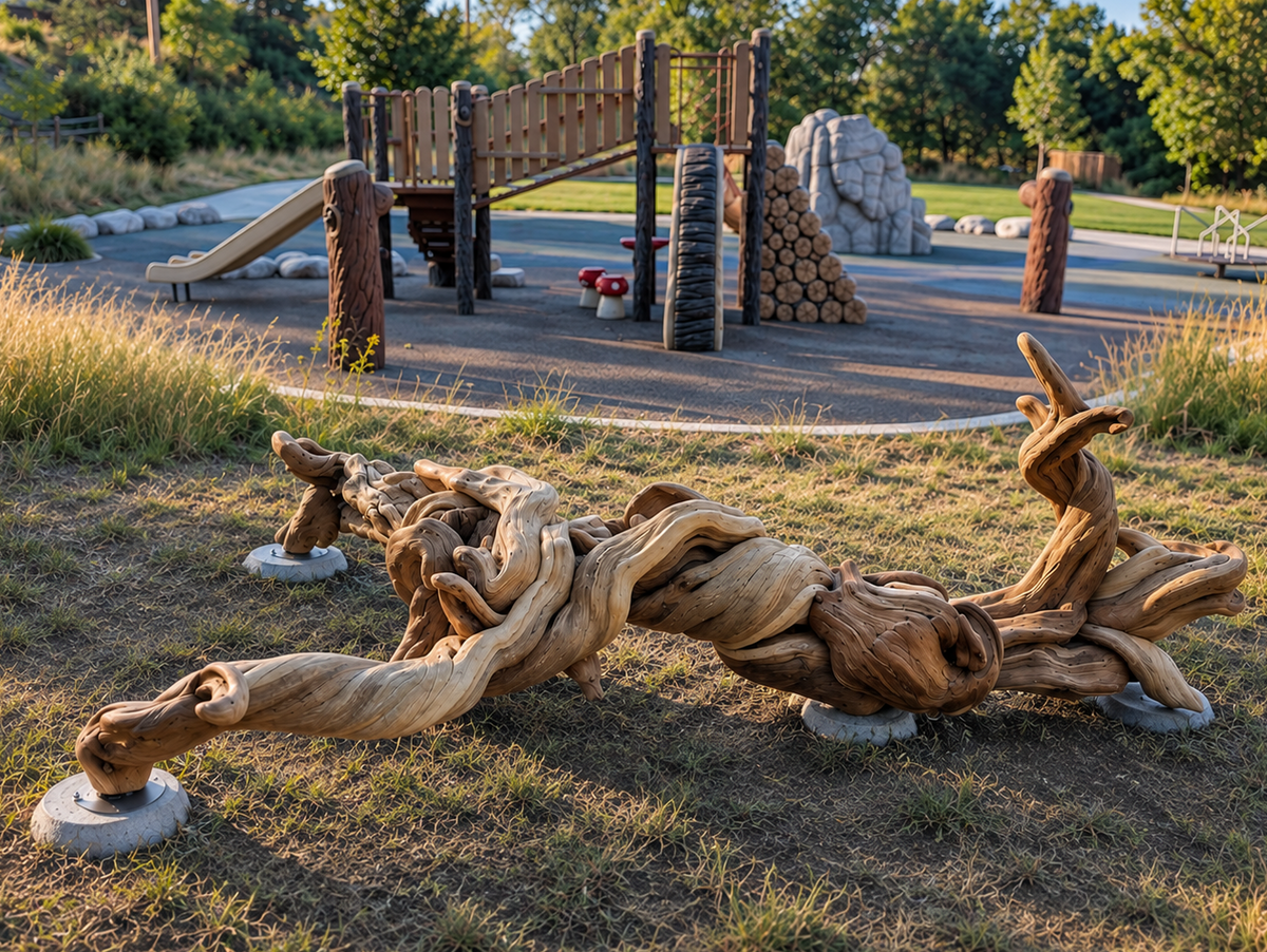 A large, twisted natural juniper wood driftwood sculpture mounted on concrete bases in the foreground of an outdoor playground with a wooden climbing structure, trees, and grass. the juniper sculpture is intended for natural play.