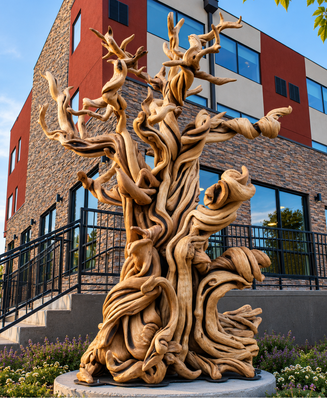 A large, intricately carved wooden sculpture of a gnarled juniper tree stands on a circular base in front of a modern brick and glass building in Manitou Springs, Colorado