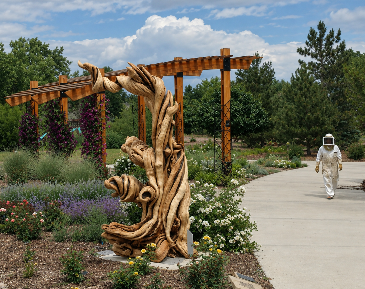 A large, twisted juniper sculpture resembling twisted tree roots or branches stands in a landscaped garden bed at a botanic garden. A beekeeper walks by.