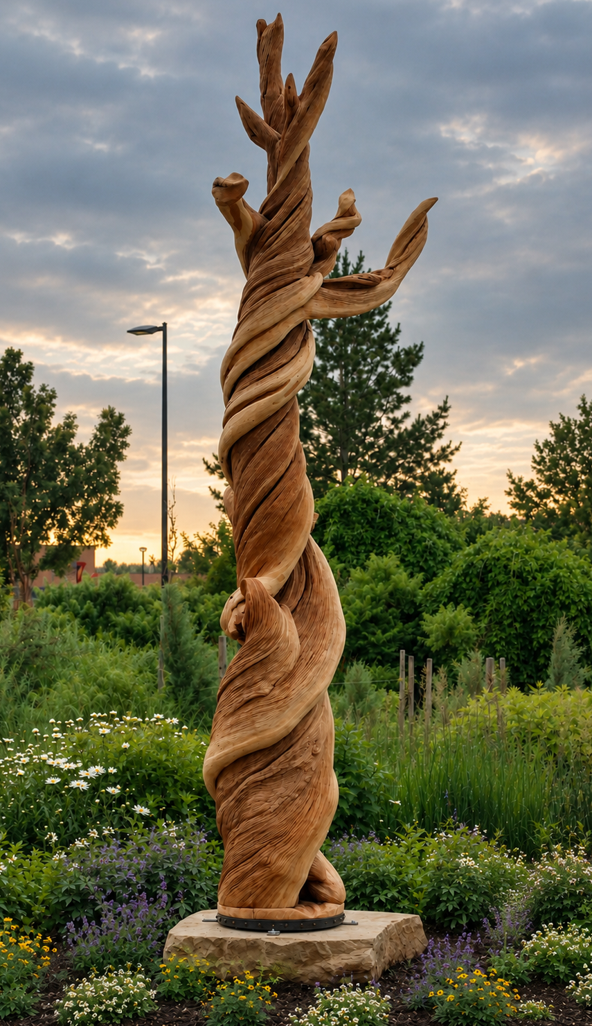 A tall, twisted wooden sculpture resembling a stylized tree trunk, displayed outdoors on a stone base in a landscaped botanical garden at dusk.