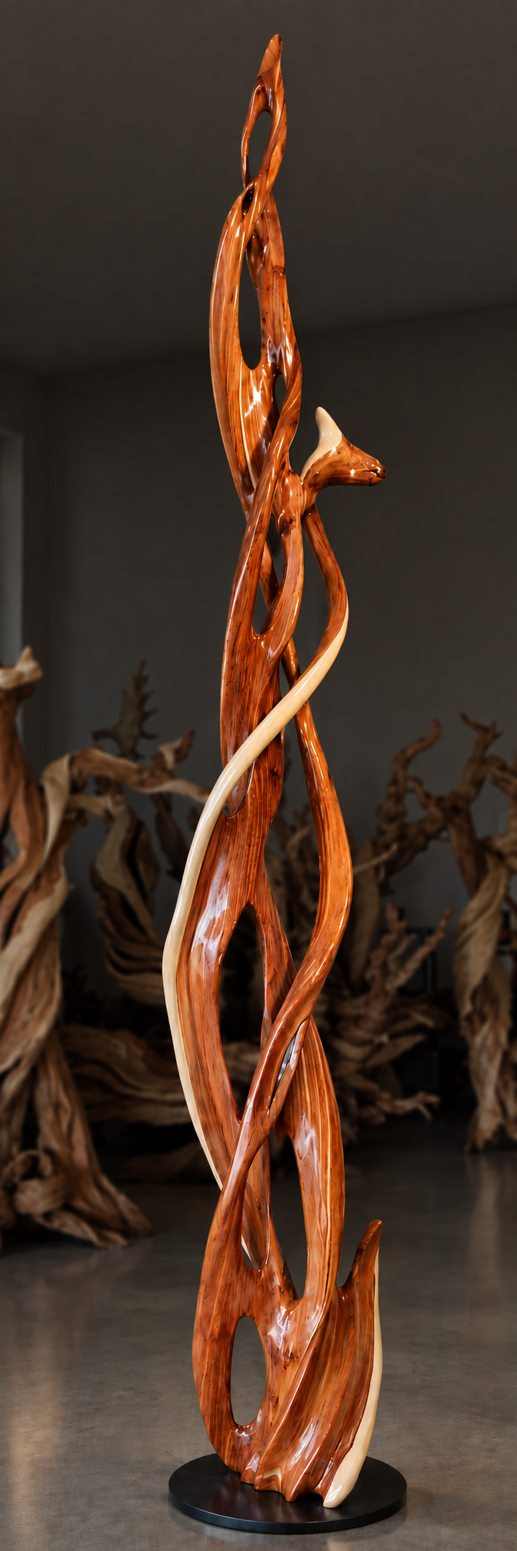 A tall, abstract sculptural wooden art piece with flowing, flame-like branches in glossy reddish-brown and natural beige tones, displayed on a round steel base. 