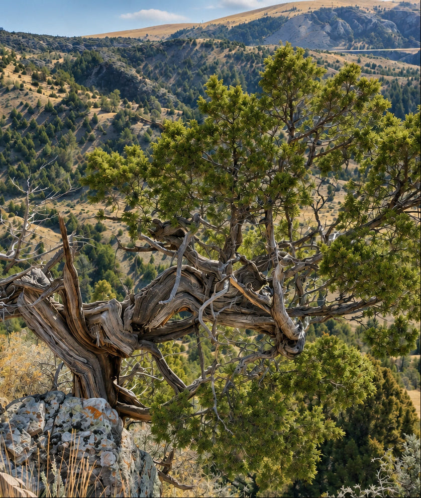 A rugged, gnarled juniper tree with green foliage growing on a rocky hillside, overlooking a vast mountain valley under a clear blue sky.