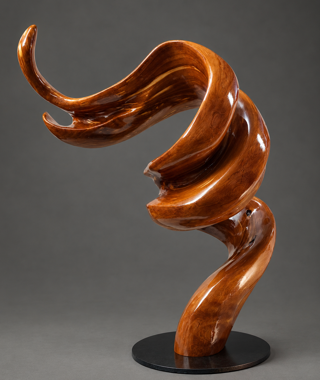 an abstract looking twisted juniper sculpture. carved and polished to a high sheen. twisted wood sculpture on a steel base.