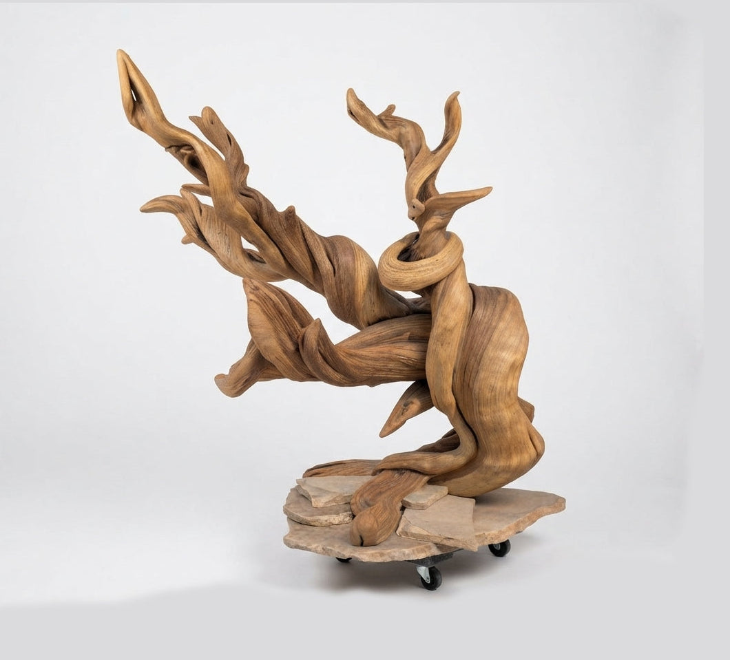 A natural sculptural wooden art piece resembling twisted tree roots or branches, mounted on a natural wood base. photographed against a light gray studio background.
