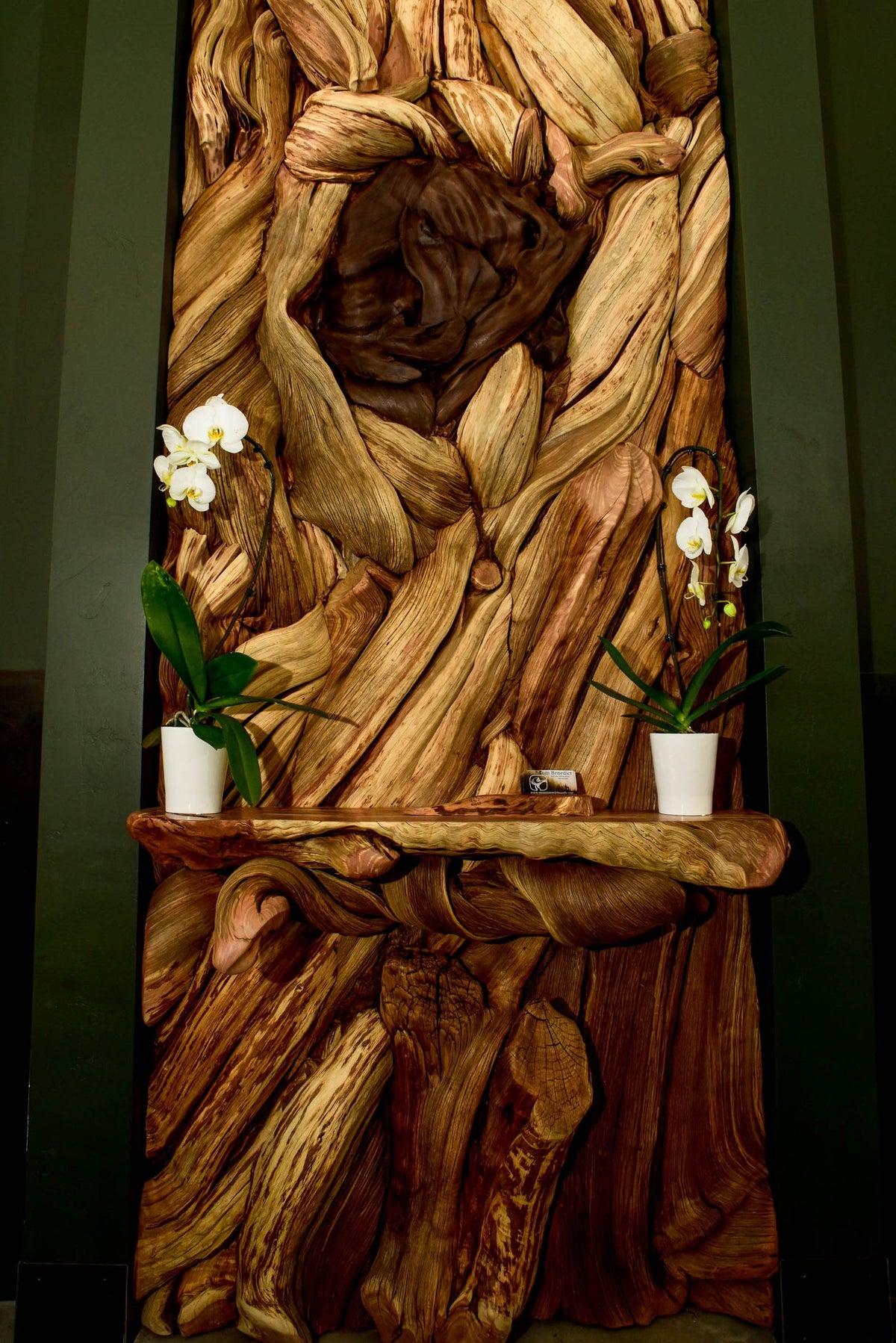 A large natural juniper wood wall sculpture with an integrated shelf set against a dark green wall at Tanglewood restaurant in Bozeman, Montana.